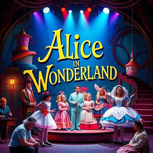 Affiche du spectacle 'Alice au Pays des Merveilles', une adaptation colorée et excentrique du roman de Lewis Carroll, avec des costumes étonnants et des décors fantastiques.