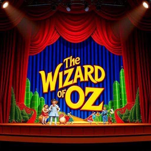 Affiche du spectacle 'Le Magicien d'Oz', une comédie musicale pour enfants, avec des chansons entraînantes et des personnages inoubliables.