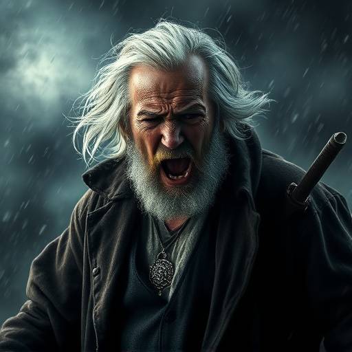 Affiche du spectacle 'Le Roi Lear', un vieil homme désemparé au milieu d'une tempête, symbolisant sa perte et sa folie.