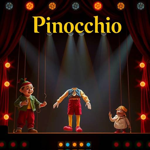 Affiche du spectacle 'Pinocchio', une adaptation moderne du conte classique de Carlo Collodi, avec des marionnettes et des effets spéciaux.